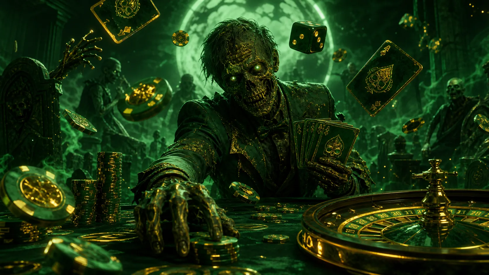 Hero banner featuring a casino with zombie theme, neon lights, poker chips, and playing cards in cyberpunk style.