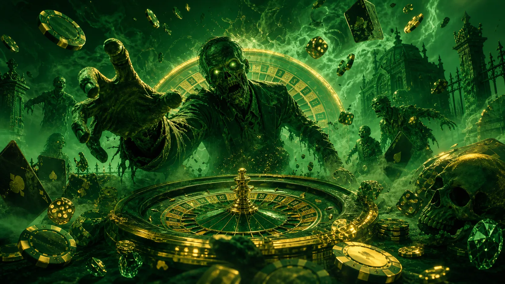 Glossy 3D isometric render of a zombie-themed casino with floating poker chips, eerie glow and vibrant reflections.